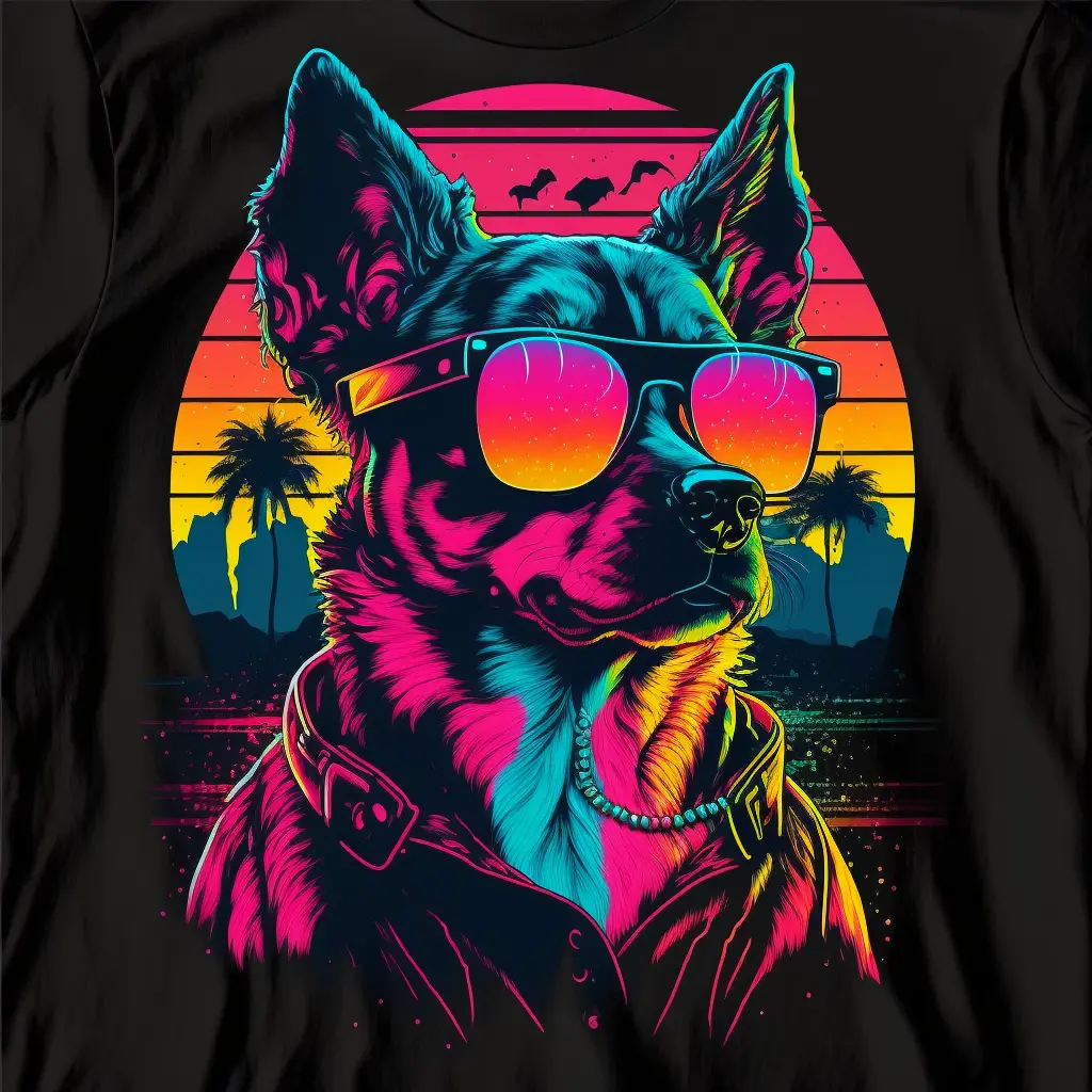 tshirt vector, 80s synthwave dog, vivid colors, detailed